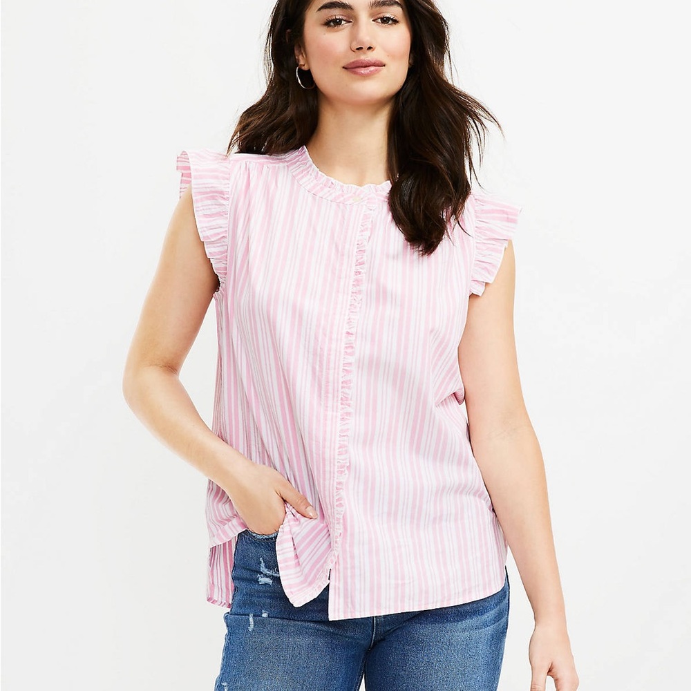Loft Ruffle Sleeve Pink & White Stripe Button Down Top NWT Size Medium